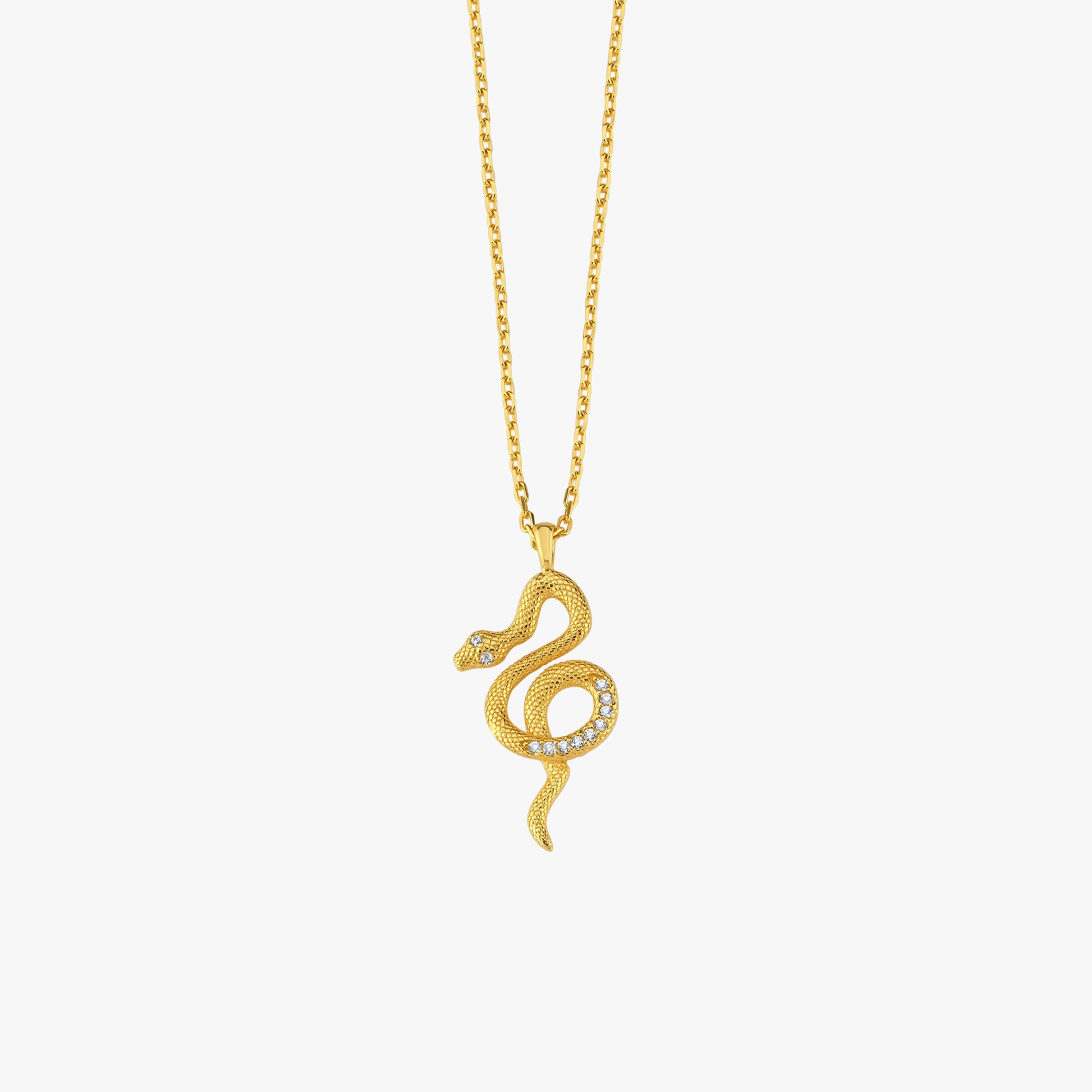 A product shot of the 18K Gold Vermeil Snake Necklace against a white background, showing its intricate details.