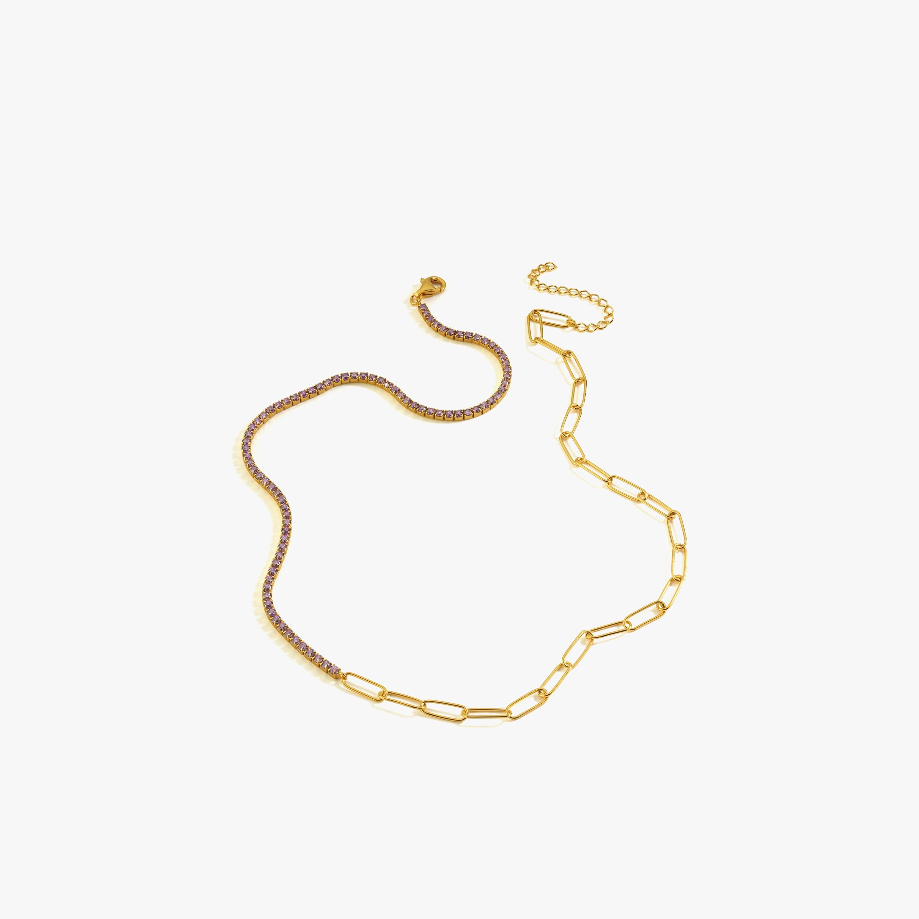 A close-up of the 18K Gold Vermeil Paperclip & Tennis Necklace, highlighting its unique design.