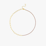 A full view of the 18K Gold Vermeil Paperclip & Tennis Necklace, revealing its asymmetric design.