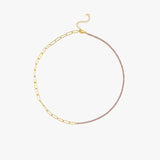 A full view of the 18K Gold Vermeil Paperclip & Tennis Necklace, revealing its asymmetric design.