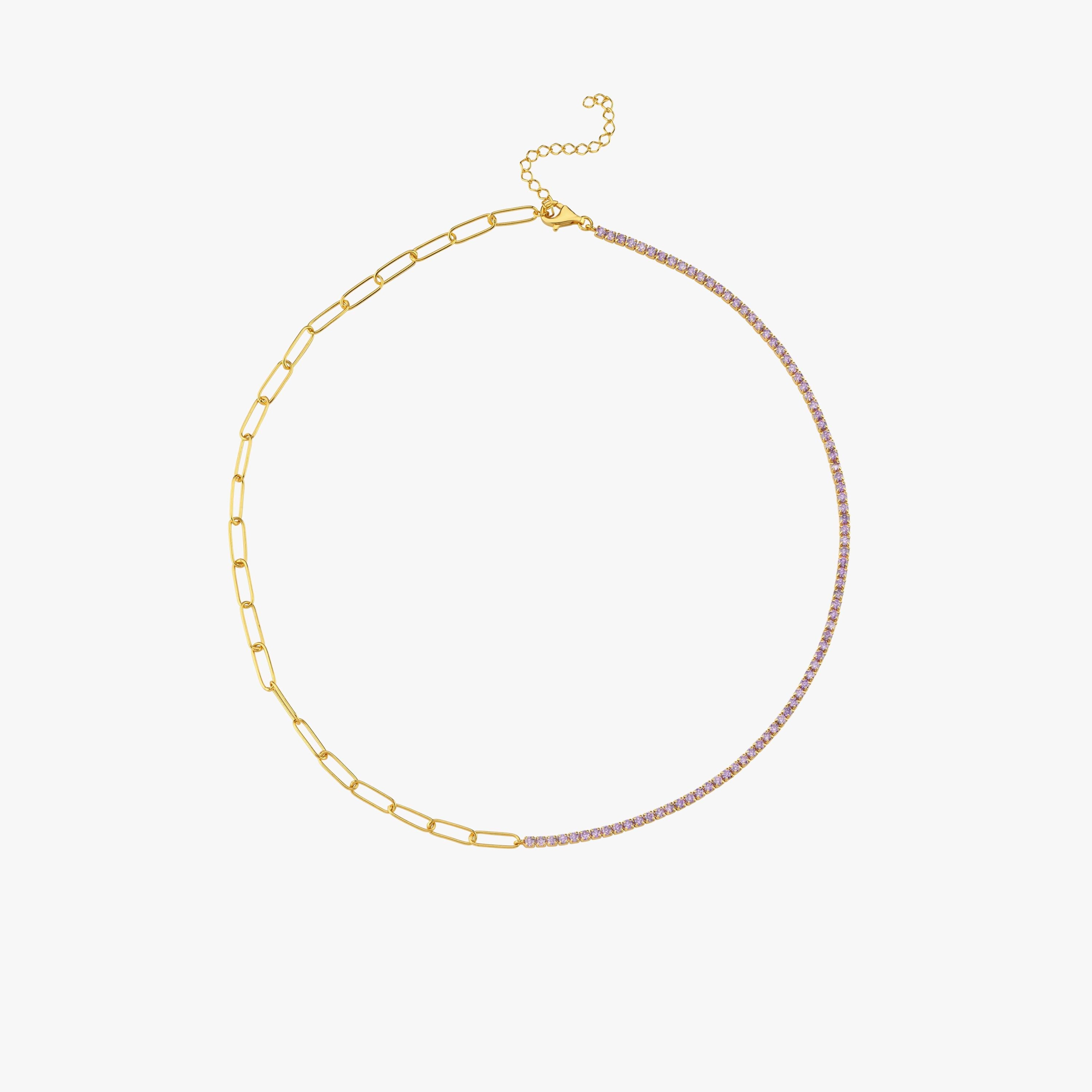 A full view of the 18K Gold Vermeil Paperclip & Tennis Necklace, revealing its asymmetric design.