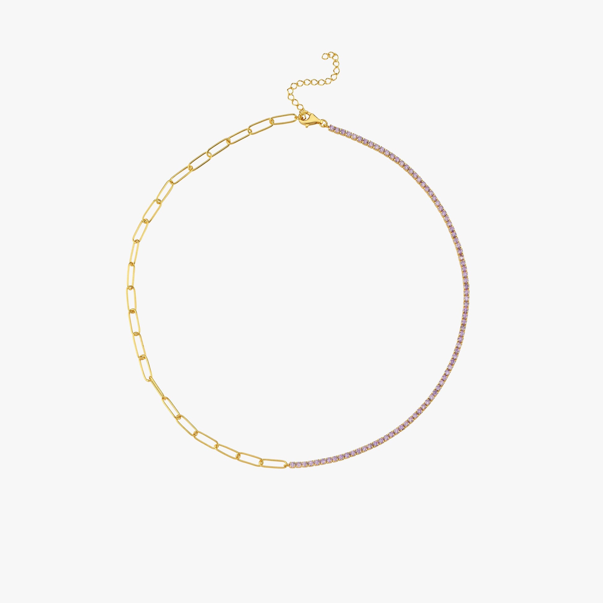A full view of the 18K Gold Vermeil Paperclip & Tennis Necklace, revealing its asymmetric design.
