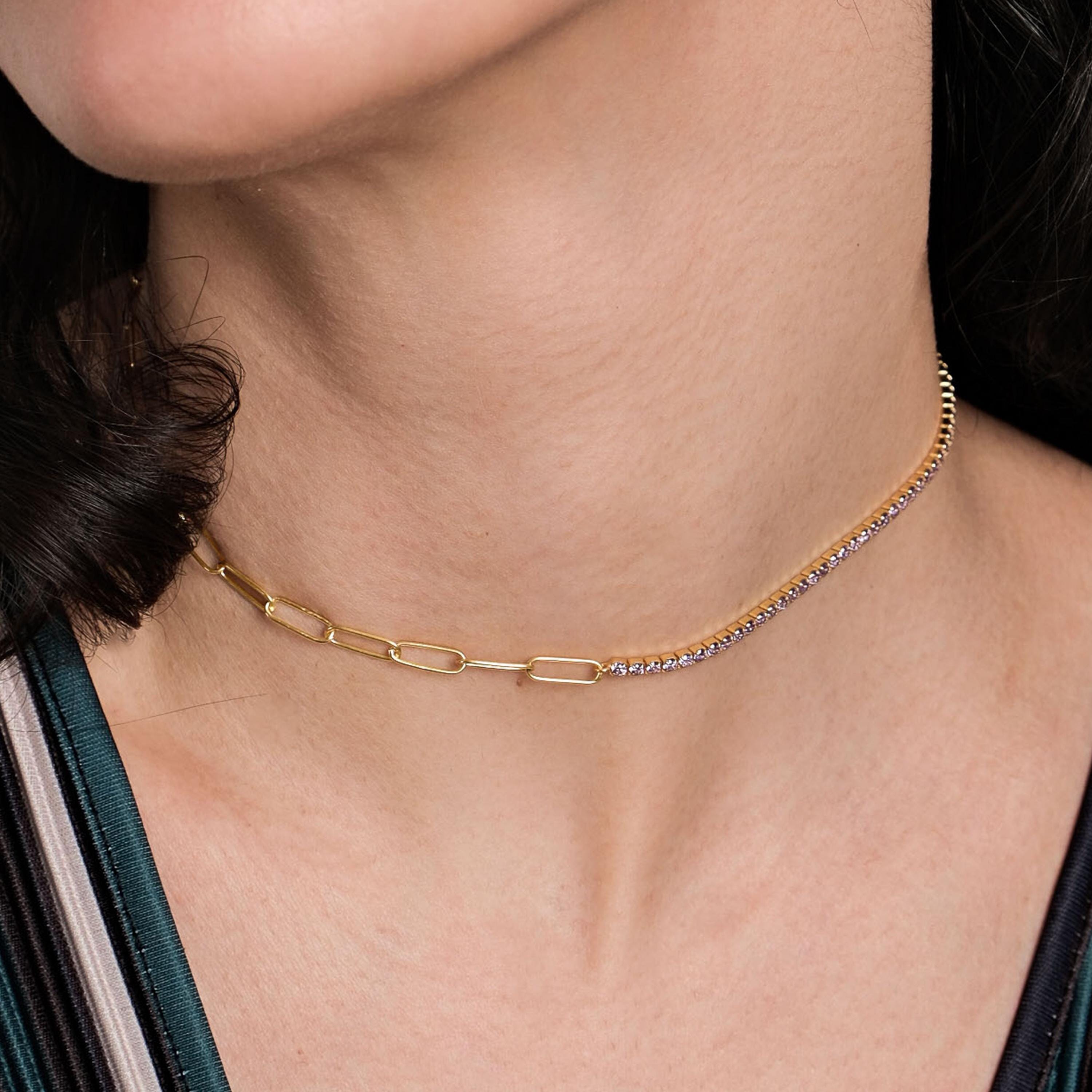 The 18K Gold Vermeil Paperclip & Tennis Necklace displayed flat, showing its gold-tone and stones.