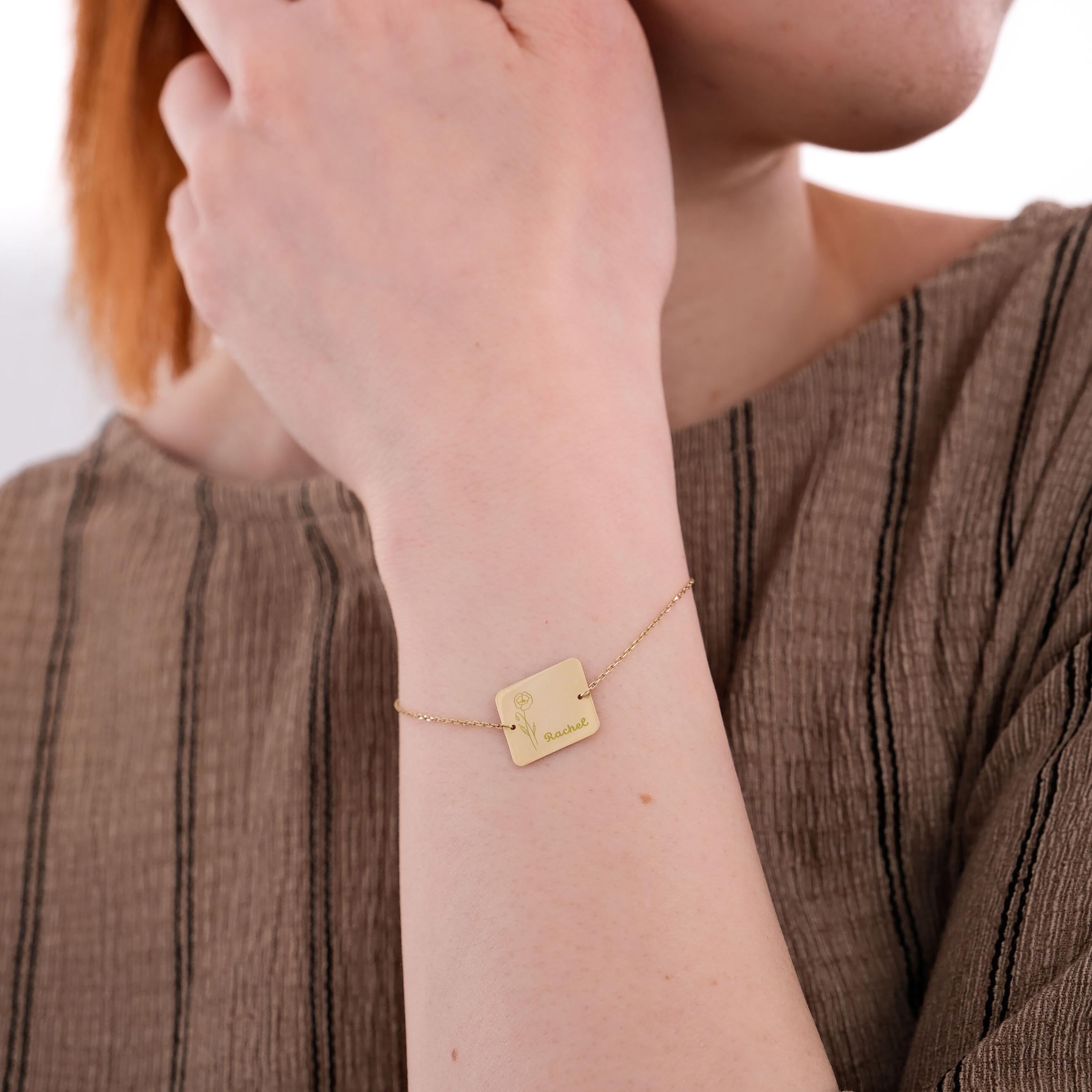 14K Solid Gold Birth Flower Bracelet, Square Disc Bracelet, Custom Name Bracelet, Engraved Bracelet, Personalized Gift for Mother's Day