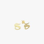 Minimalist product shot of 14K Solid Gold Initial Stud Earrings, each crafted in the shape of the letter “S” with a shiny finish.