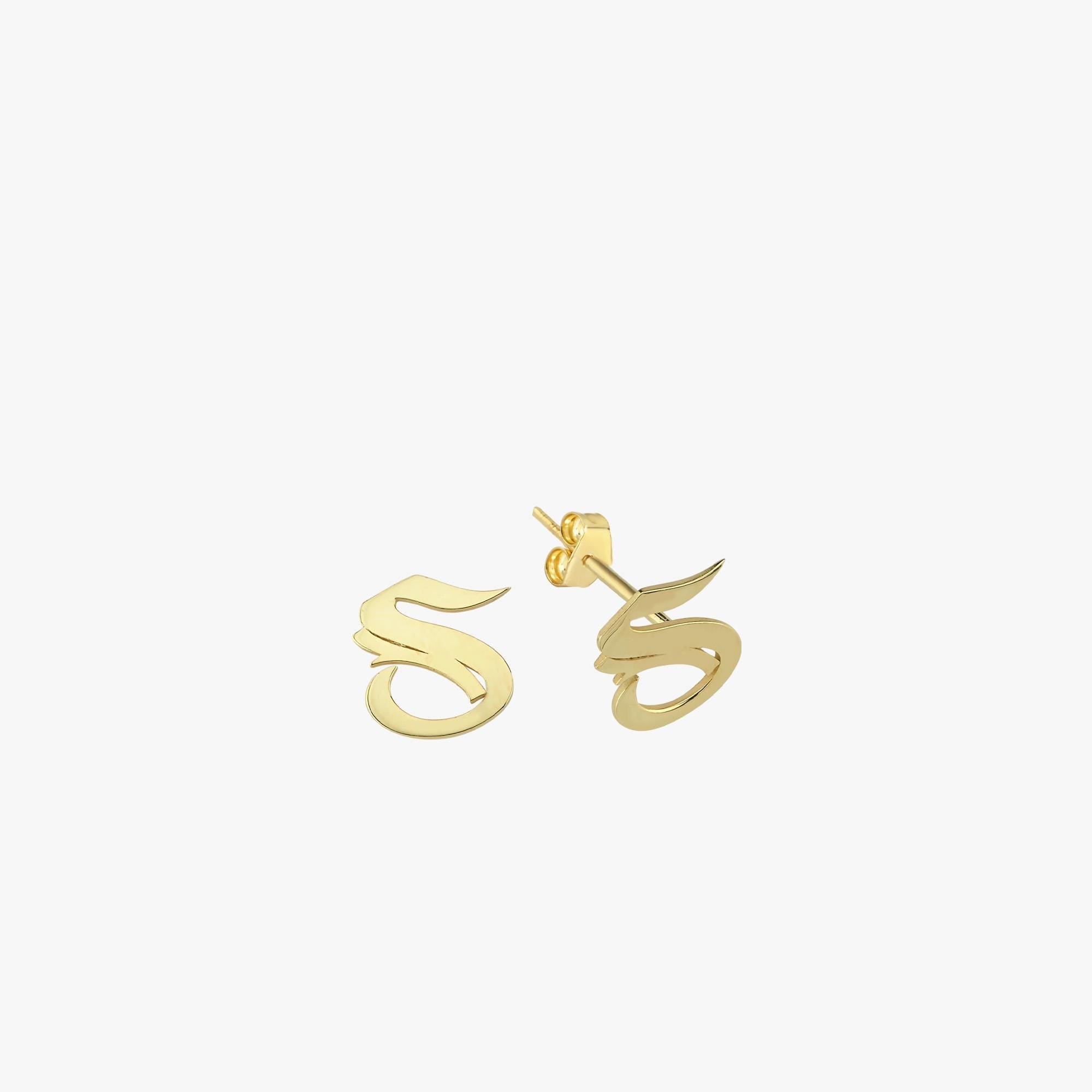 Minimalist product shot of 14K Solid Gold Initial Stud Earrings, each crafted in the shape of the letter “S” with a shiny finish.