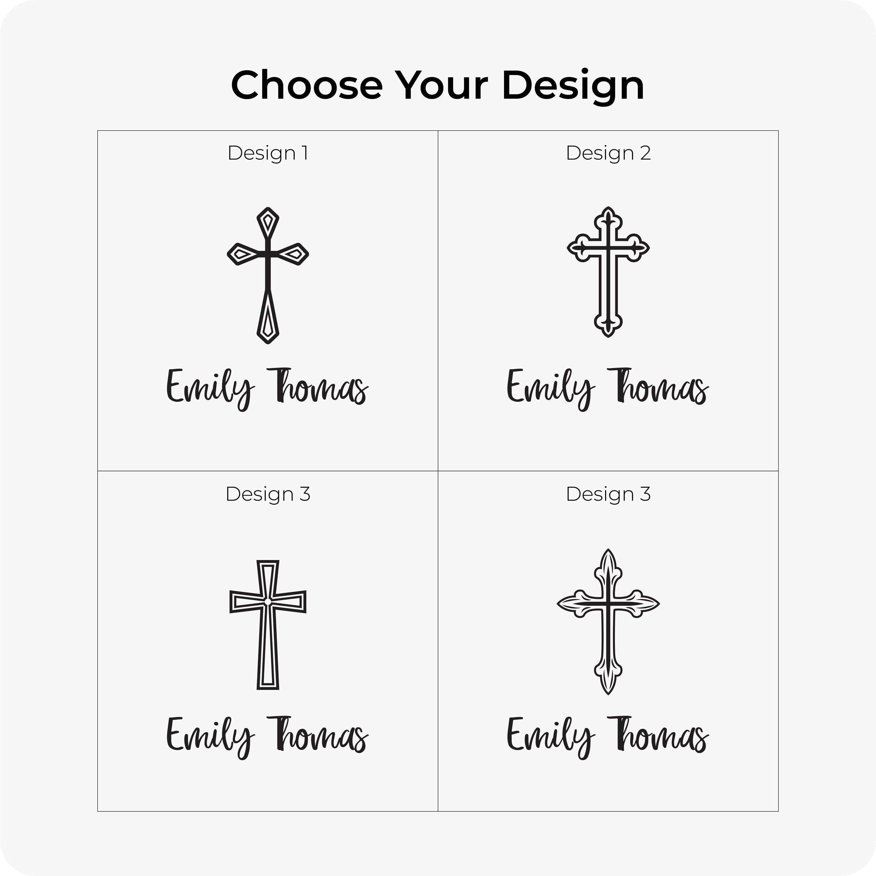 A selection of cross designs for a personalized First Holy Communion Bracelet, displayed in a minimalist chart.
