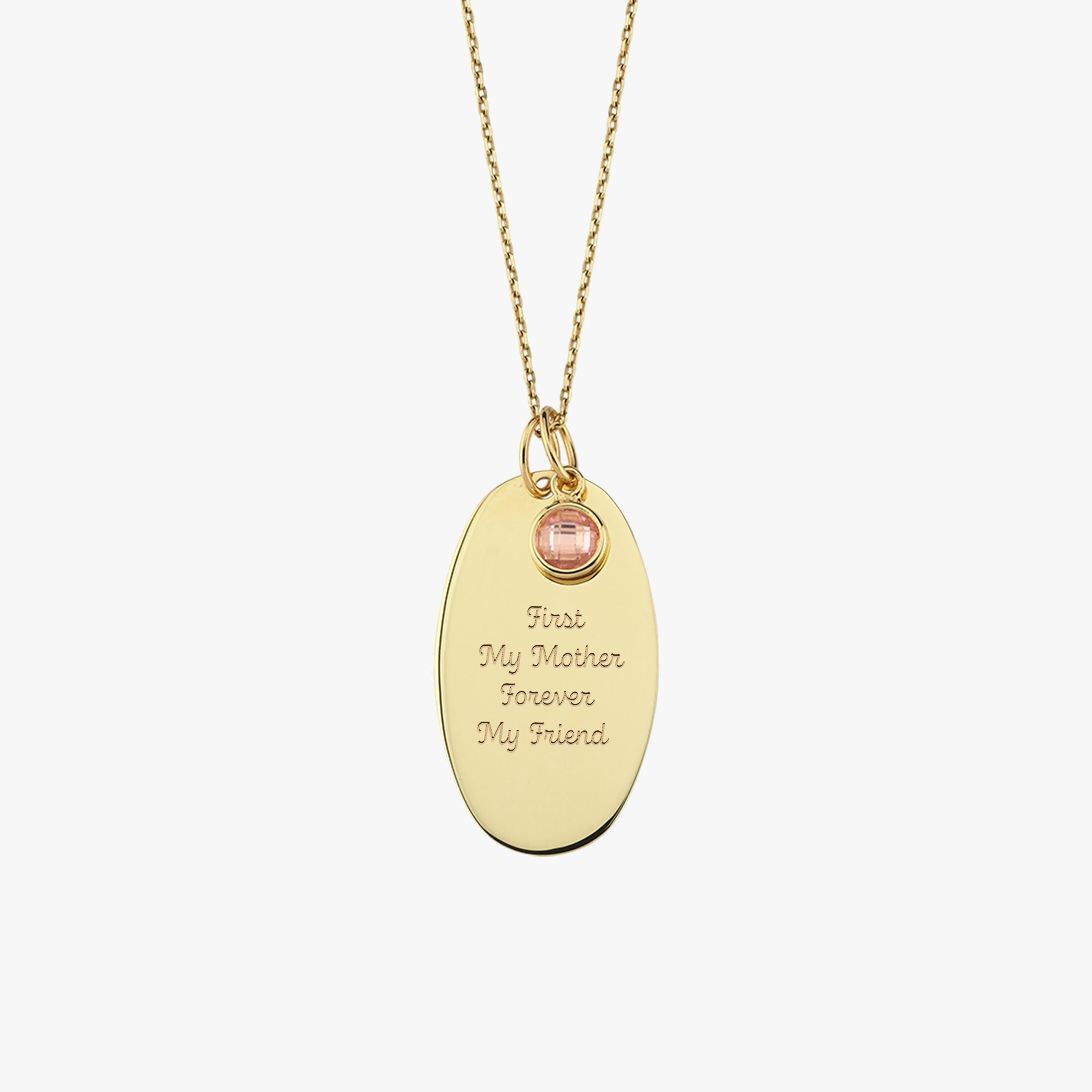 A product shot of the 14K gold necklace on a white background, showcasing the engraved oval pendant and customizable birthstone charm.