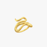 A detailed shot highlighting the sinuous curves and reflective gold surface of the ring.