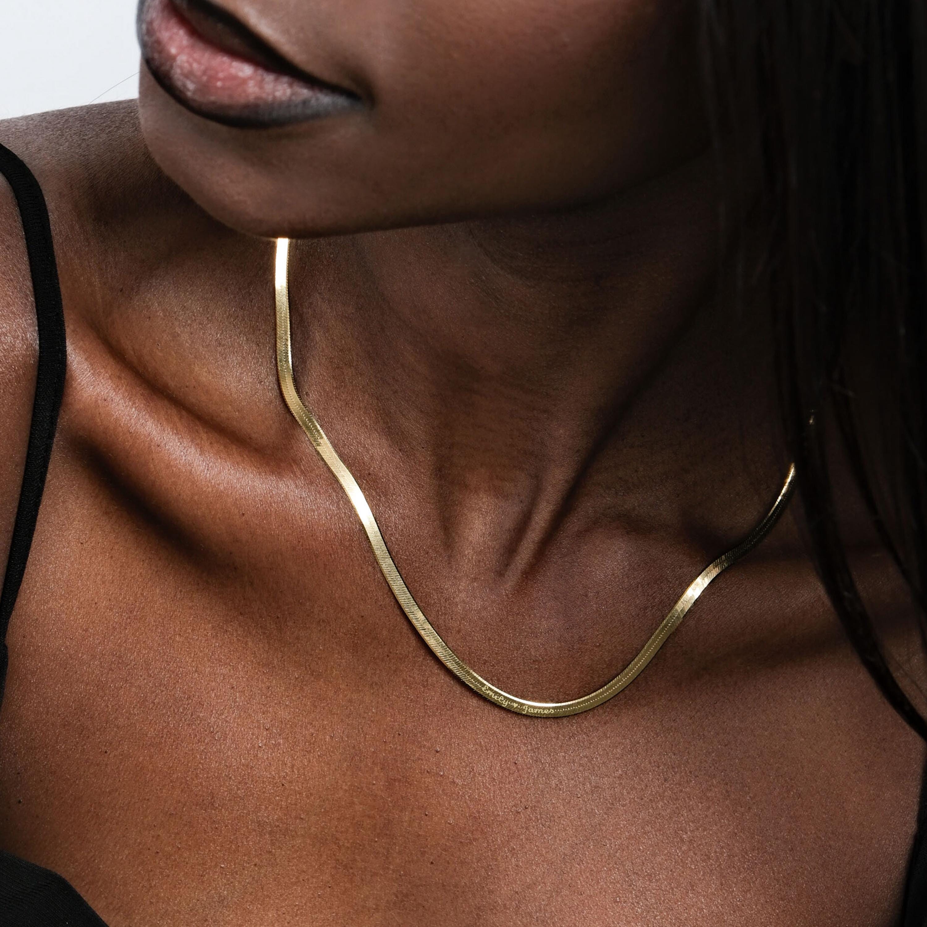18K Gold Vermeil Personalized Herringbone Necklace, Snake Chain Necklace, Herringbone Chain, Engraved Necklace, Birthday Gift