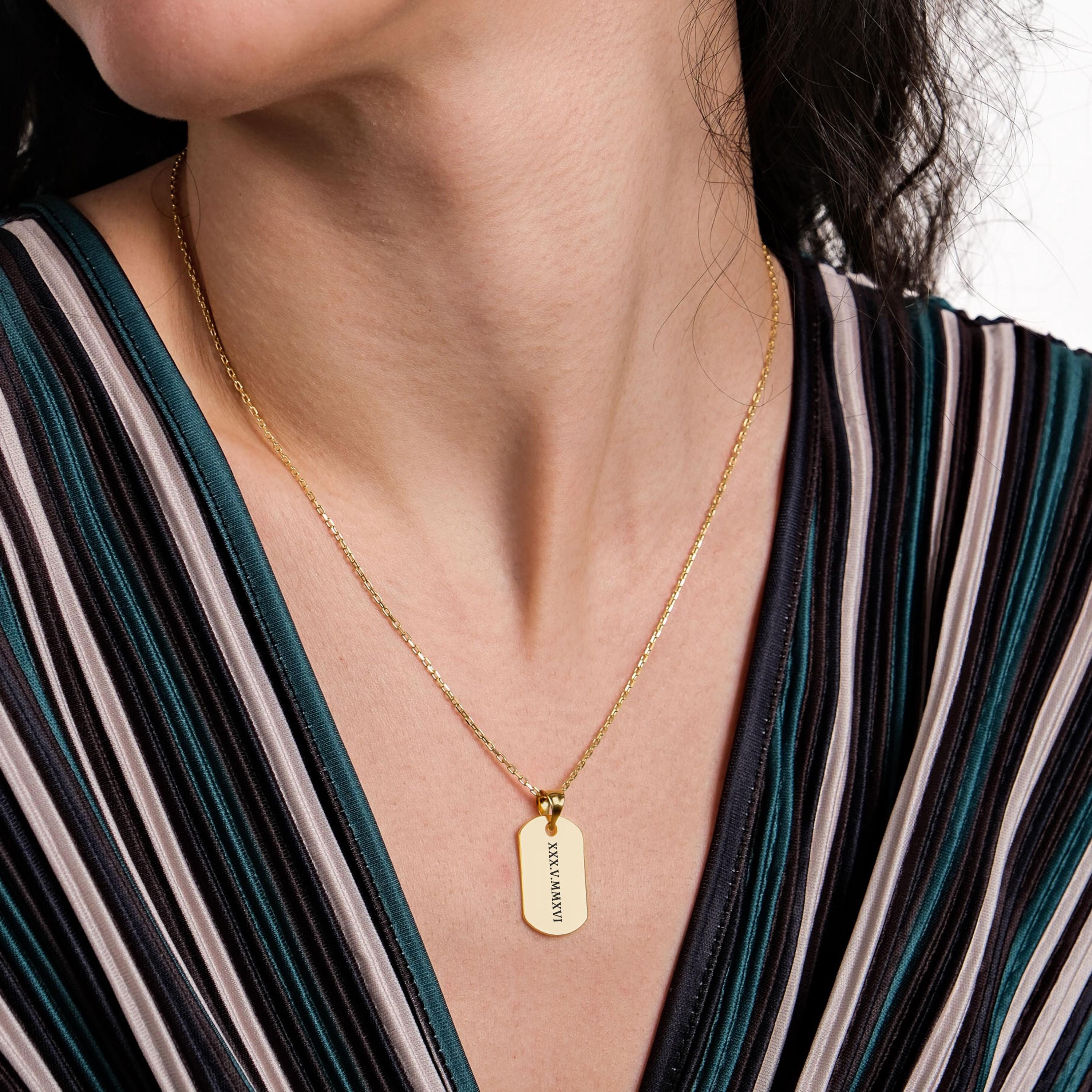 18K Gold Vermeil Dog Tag Necklace, Engraved Dog Tag Necklace, Personalized Dog Tag, Roman Numeral Necklace, Personalized Gift