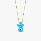 Isolated studio image of the 14K solid gold opal angel necklace with a finely detailed opal angel-shaped pendant.