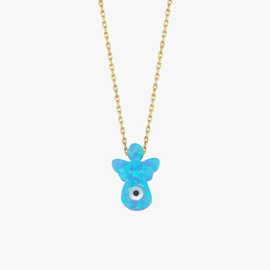 Isolated studio image of the 14K solid gold opal angel necklace with a finely detailed opal angel-shaped pendant.
