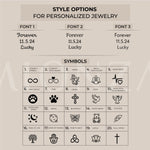 Font and symbol options for customizing 14K gold plated personalized cremation urn necklace.
