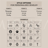 Font and symbol options for customizing 14K gold plated personalized cremation urn necklace.