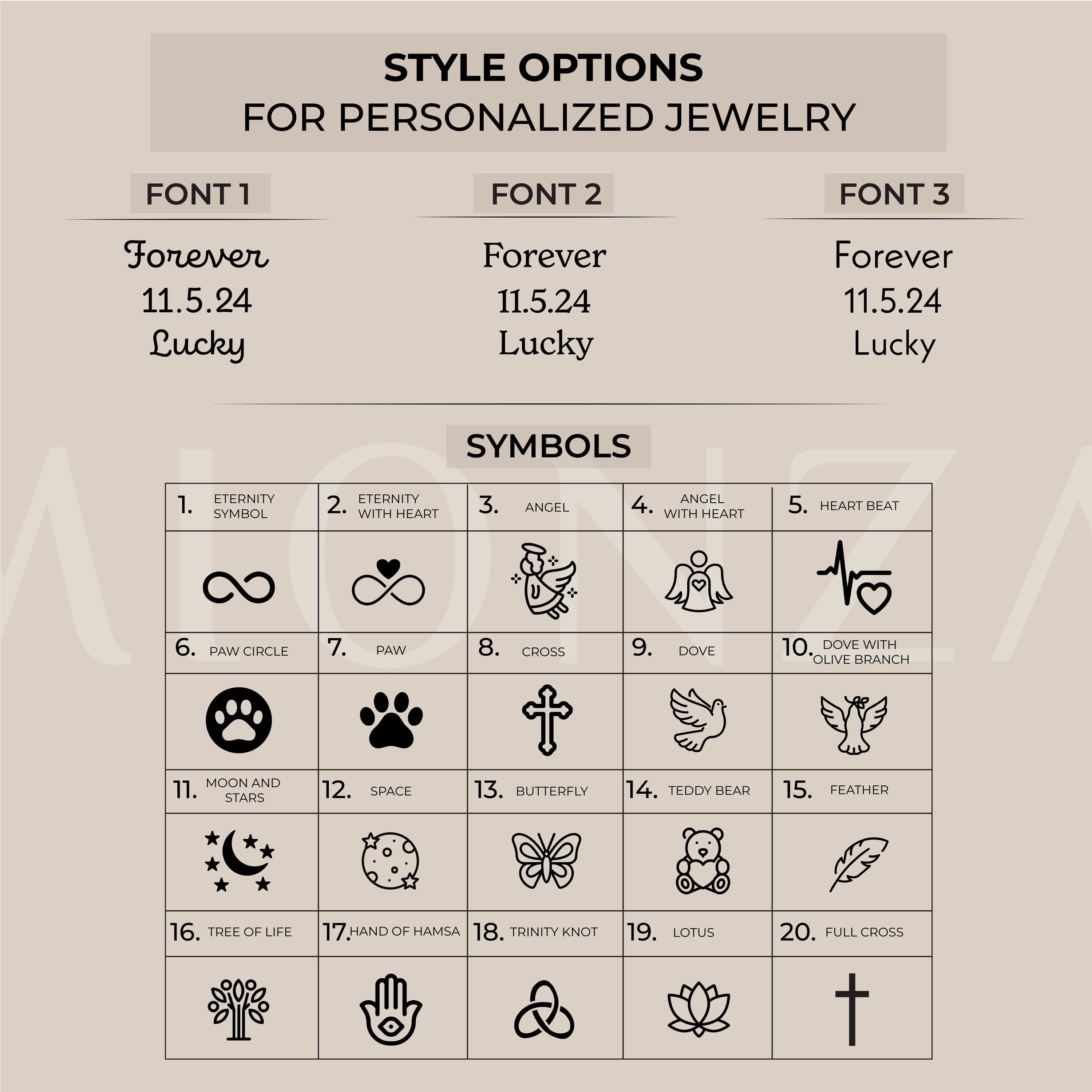 Font and symbol options for customizing 14K gold plated personalized cremation urn necklace.