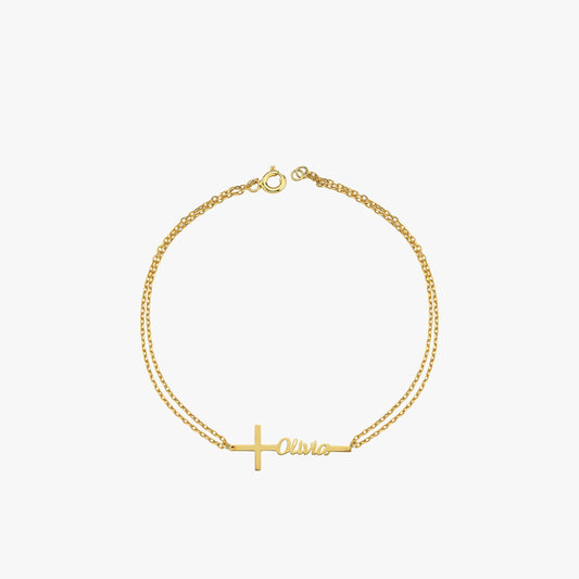 14K Solid Gold Cross Name Bracelet, Baptism Bracelet Custom Name Bracelet, Cross Bracelet with Name, Baby Gold Bracelet, Personalized Gift