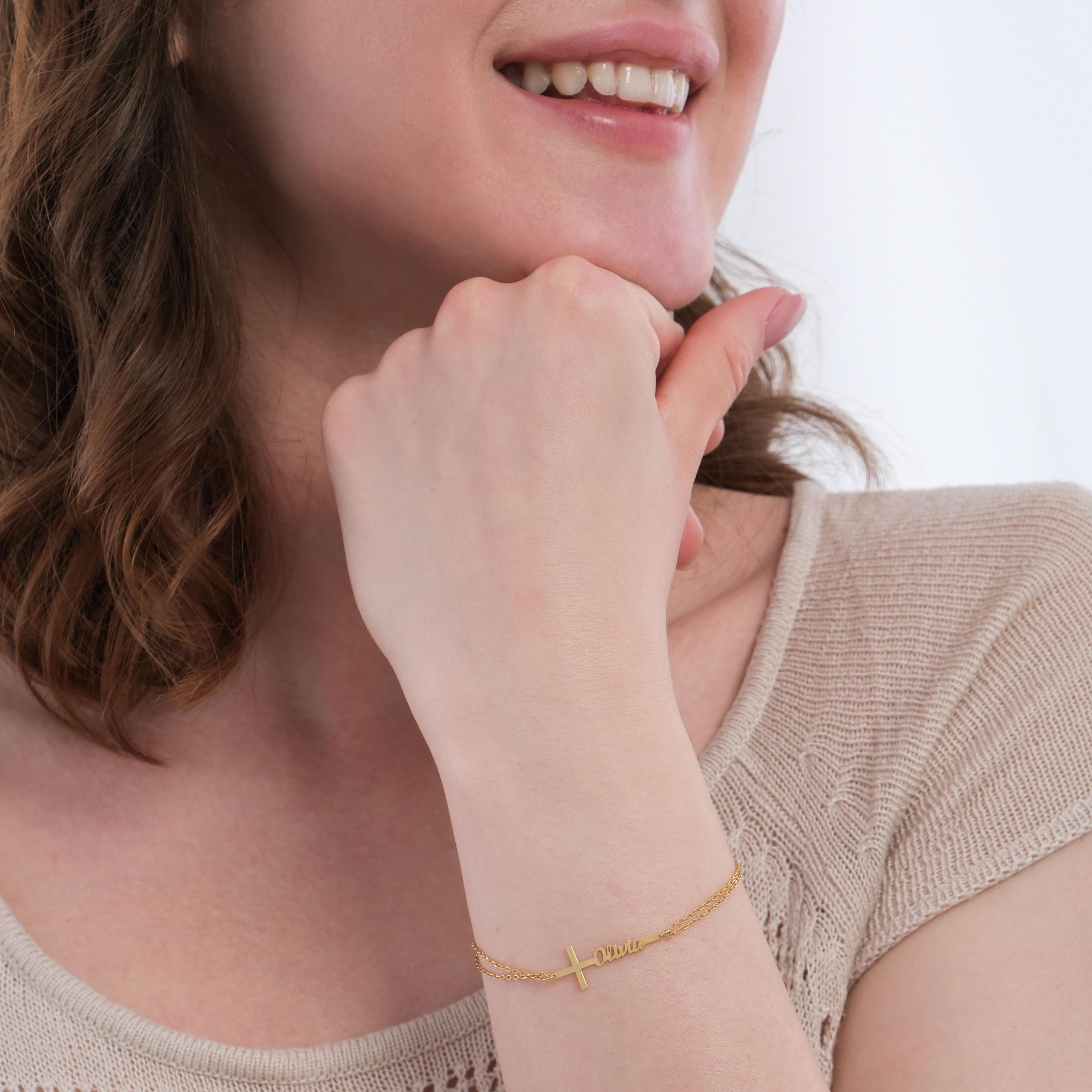 14K Solid Gold Cross Name Bracelet, Baptism Bracelet Custom Name Bracelet, Cross Bracelet with Name, Baby Gold Bracelet, Personalized Gift