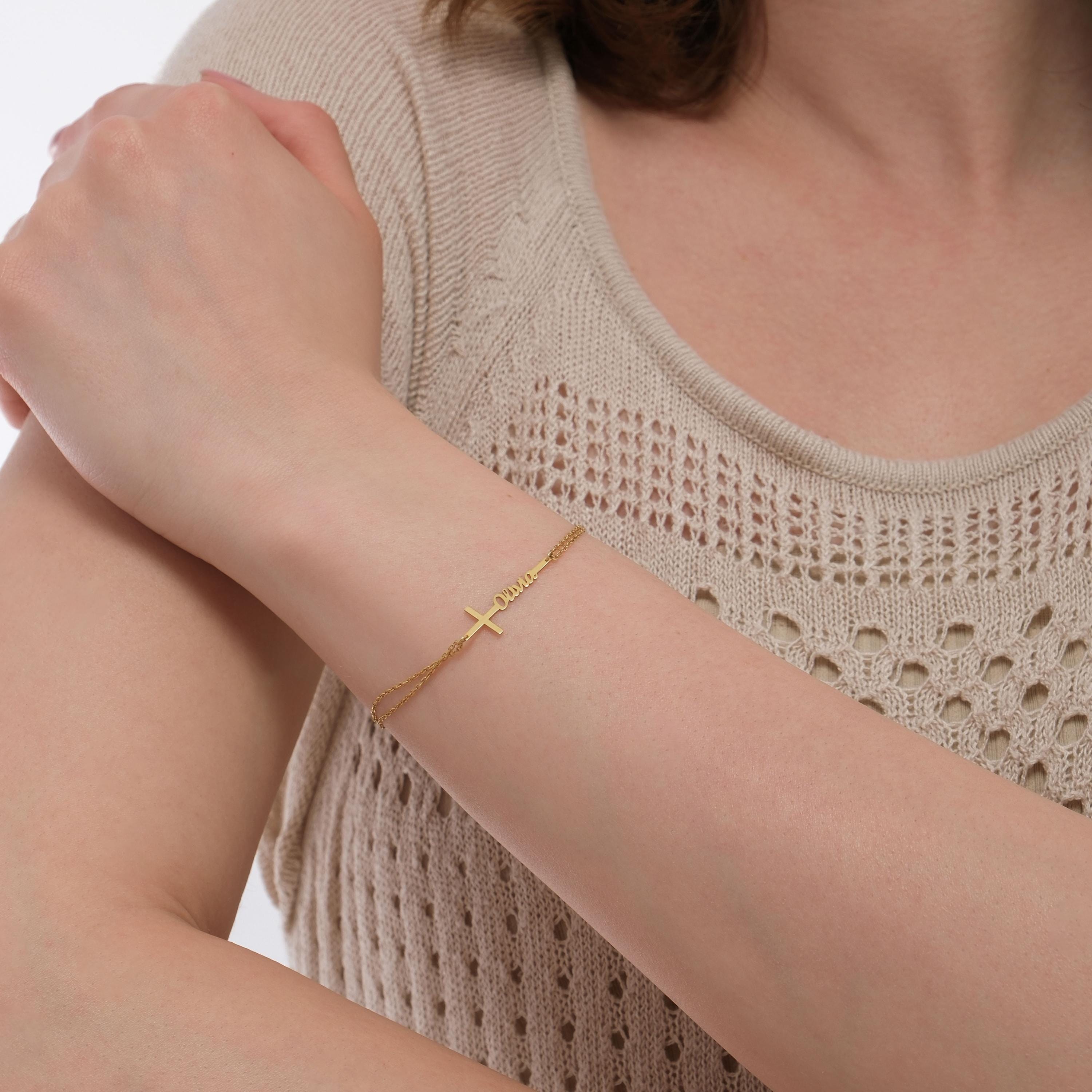 14K Solid Gold Cross Name Bracelet, Baptism Bracelet Custom Name Bracelet, Cross Bracelet with Name, Baby Gold Bracelet, Personalized Gift