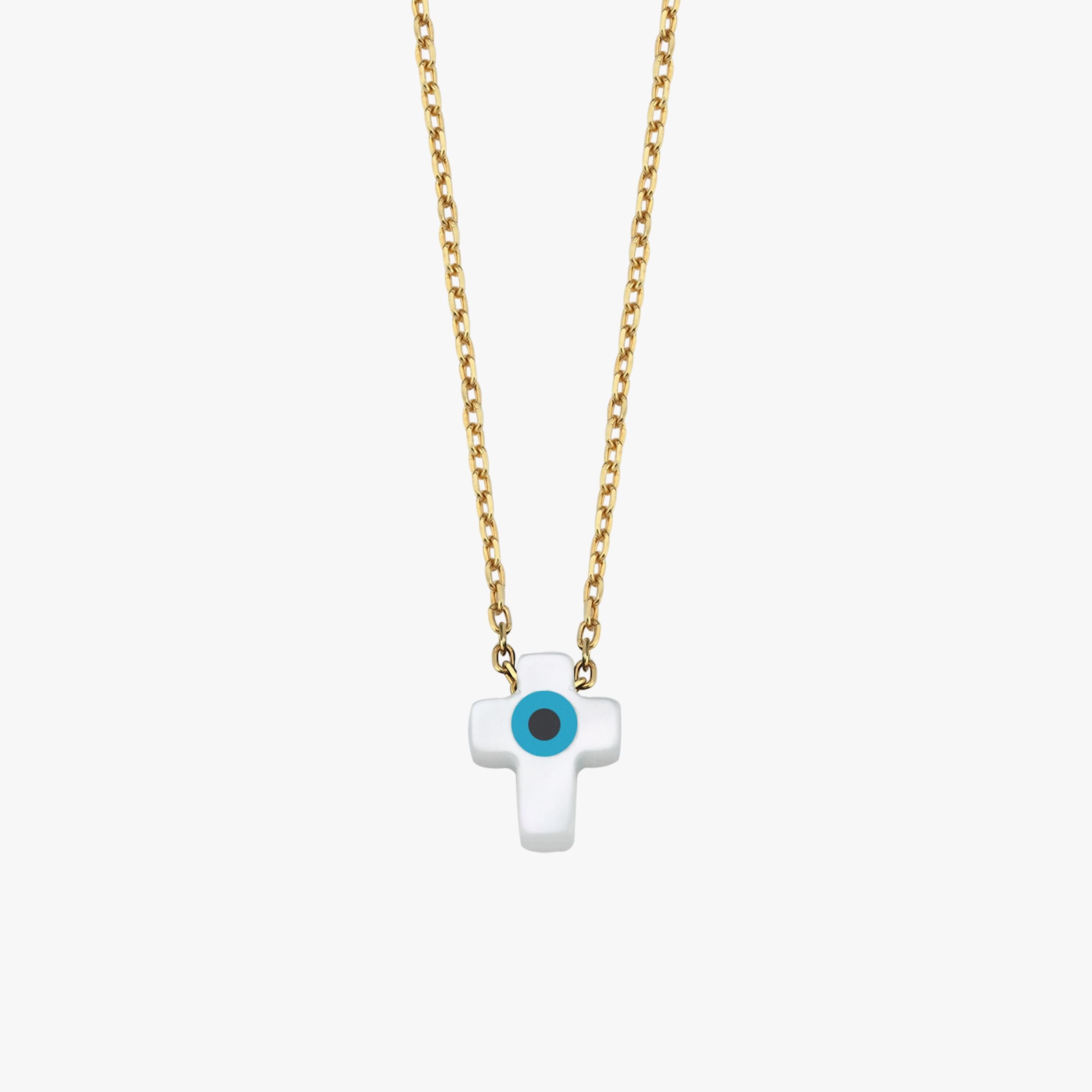 Studio product shot of the 14K solid gold cross evil eye necklace showcasing its crisp shape and smooth finish.