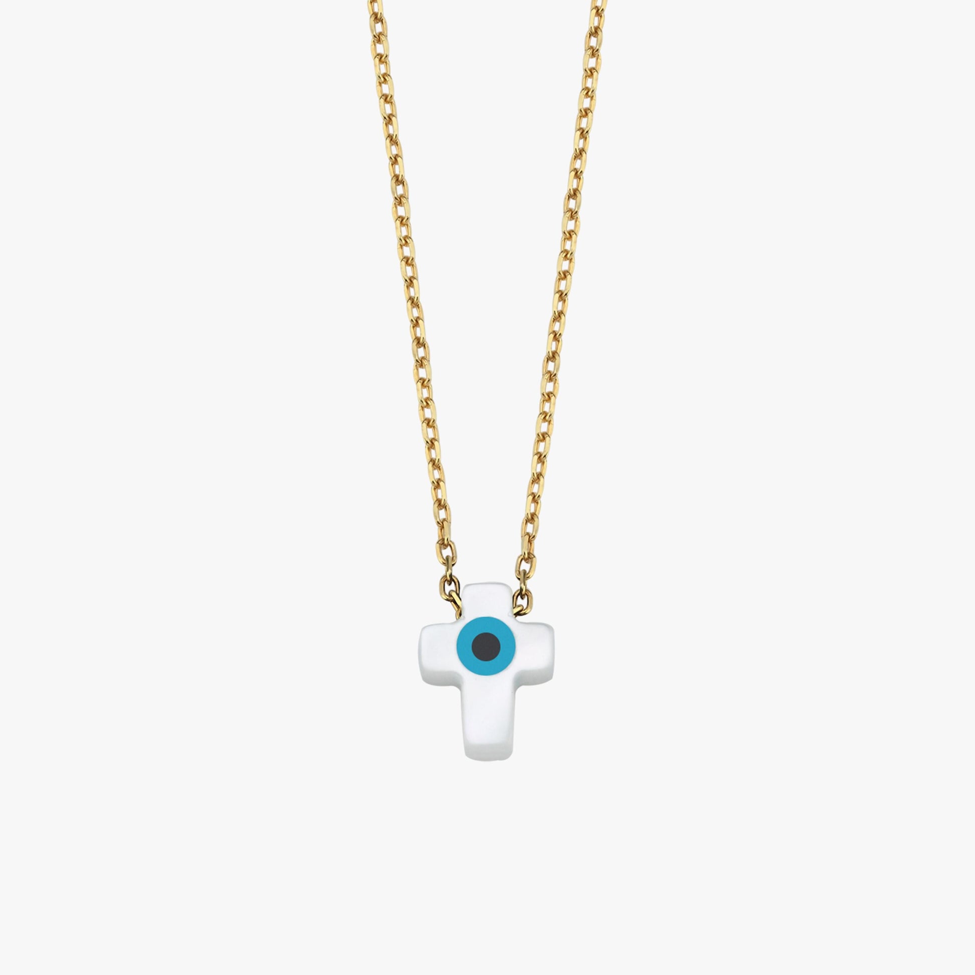 Studio product shot of the 14K solid gold cross evil eye necklace showcasing its crisp shape and smooth finish.