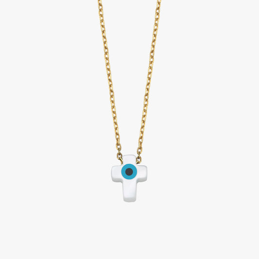 Studio product shot of the 14K solid gold cross evil eye necklace showcasing its crisp shape and smooth finish.