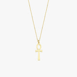 Close-up of a 14K solid gold Ankh necklace clasp and chain, focused on the craftsmanship details.