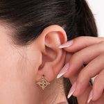 Side view of 14K solid gold Witches Knot earrings styled on an ear, with the intricate geometric knot design clearly visible.