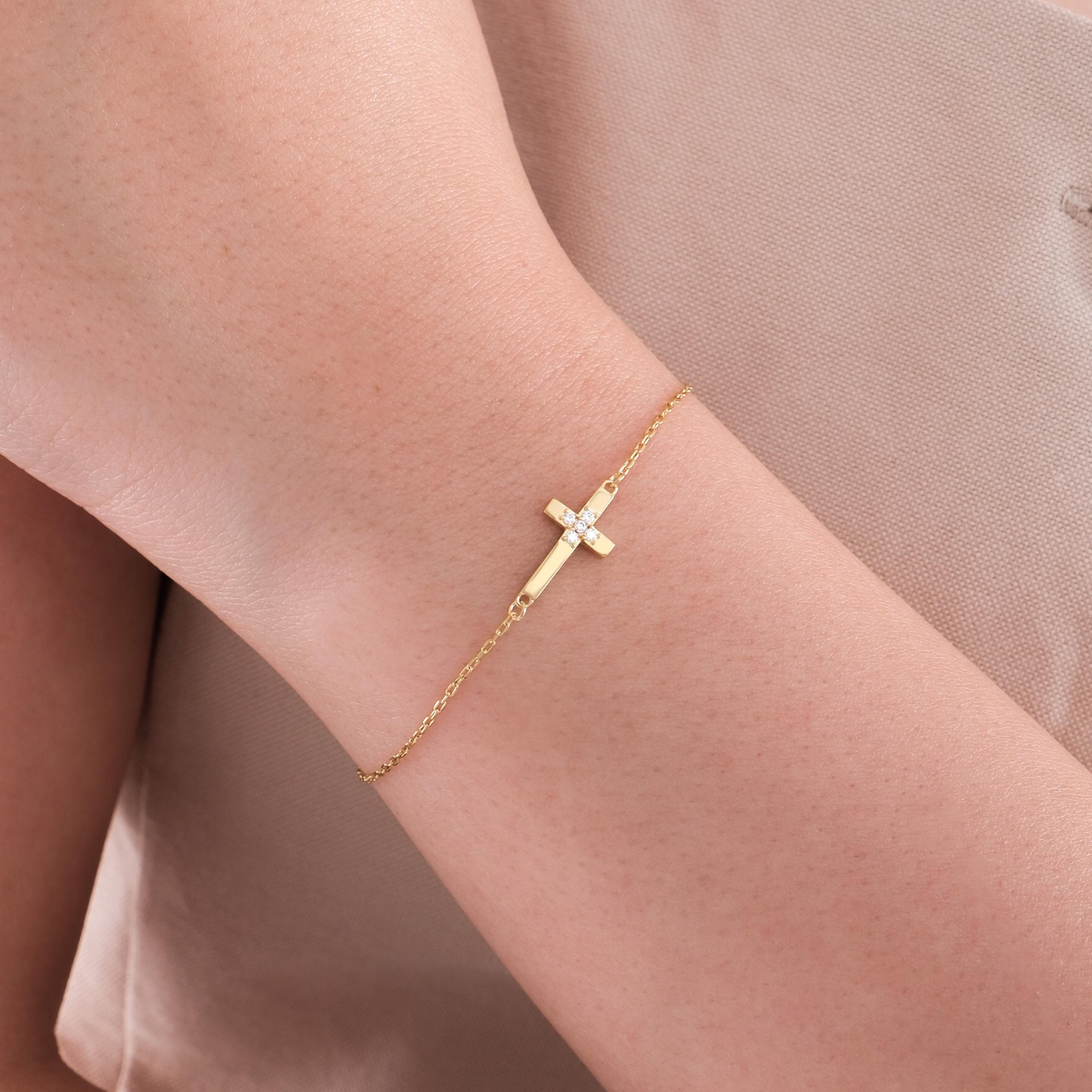 14K Solid Gold Cross Bracelet Women, Tiny Cross Bracelet, Dainty Cross Jewelry, Christian Bracelet, Gift for Women