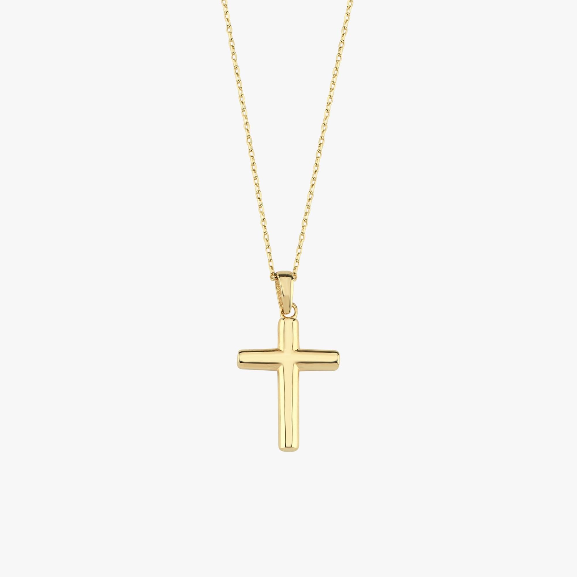 Front-facing product image of a 14K solid gold cross necklace with a polished finish and fine link chain.