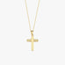 Front-facing product image of a 14K solid gold cross necklace with a polished finish and fine link chain.