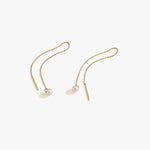 Flat lay of 14K Solid Gold Threader Earrings with Real Pearl on a white background.