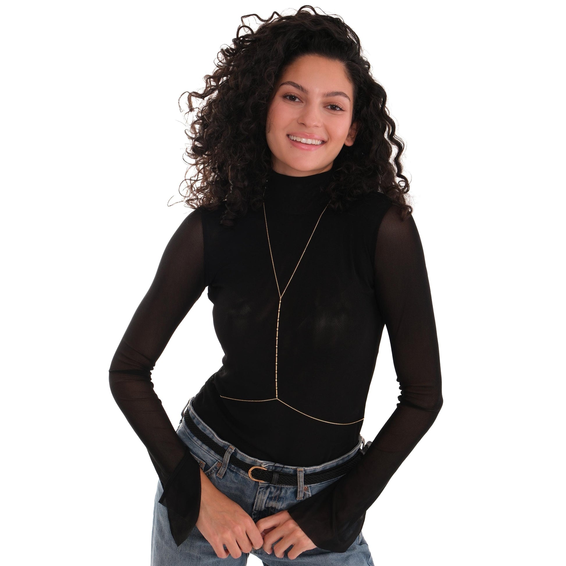 Smiling model wears 18K Gold Vermeil Bar and Bead Body Jewelry