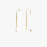 Pair of 14K Solid Gold Threader Earrings with Real Pearl displayed hanging evenly.