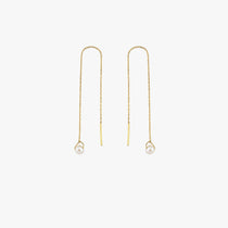 Pair of 14K Solid Gold Threader Earrings with Real Pearl displayed hanging evenly.