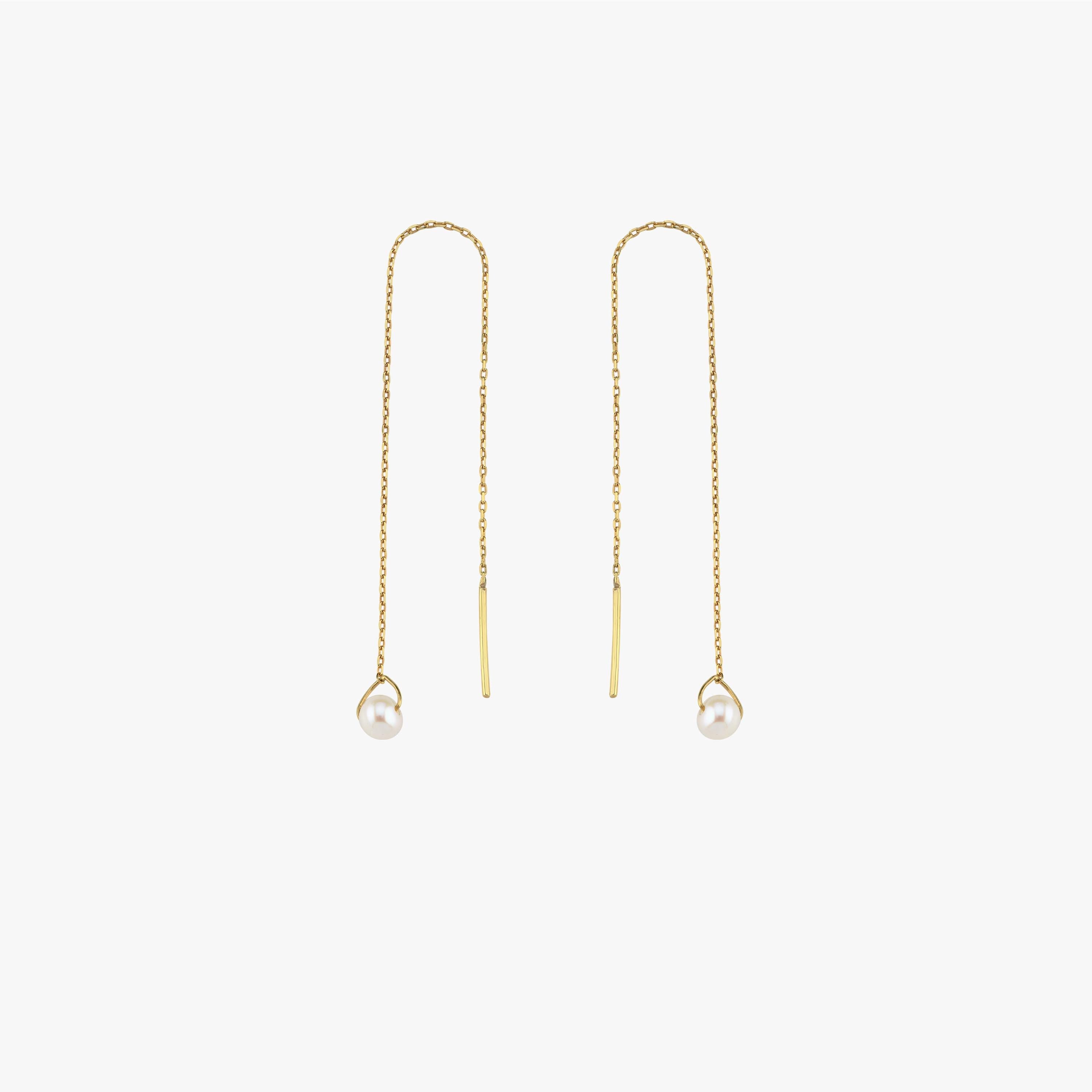 Pair of 14K Solid Gold Threader Earrings with Real Pearl displayed hanging evenly.