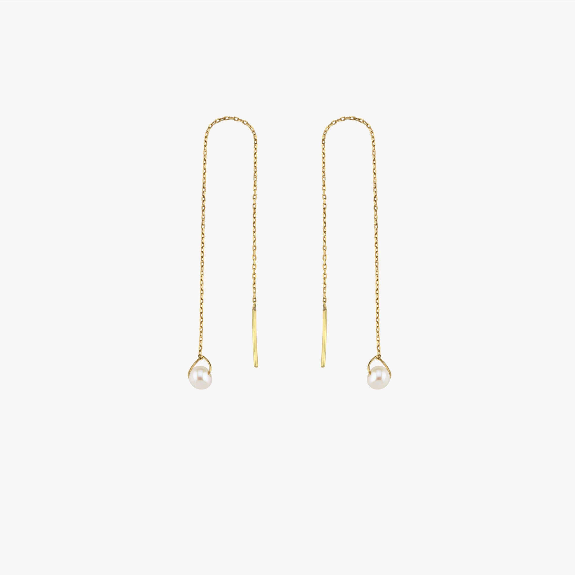 Pair of 14K Solid Gold Threader Earrings with Real Pearl displayed hanging evenly.