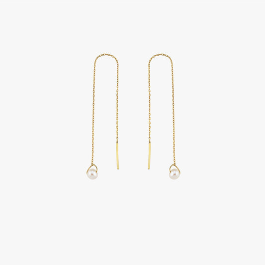 Pair of 14K Solid Gold Threader Earrings with Real Pearl displayed hanging evenly.