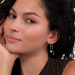 Side view of a woman wearing 14K Solid Gold Threader Earrings with Real Pearl.