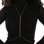 The 18K Gold Vermeil Body Chain Jewelry is displayed clearly on the model, with sparkling stone accents along the front.