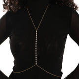 The 18K Gold Vermeil Body Chain Jewelry is displayed clearly on the model, with sparkling stone accents along the front.