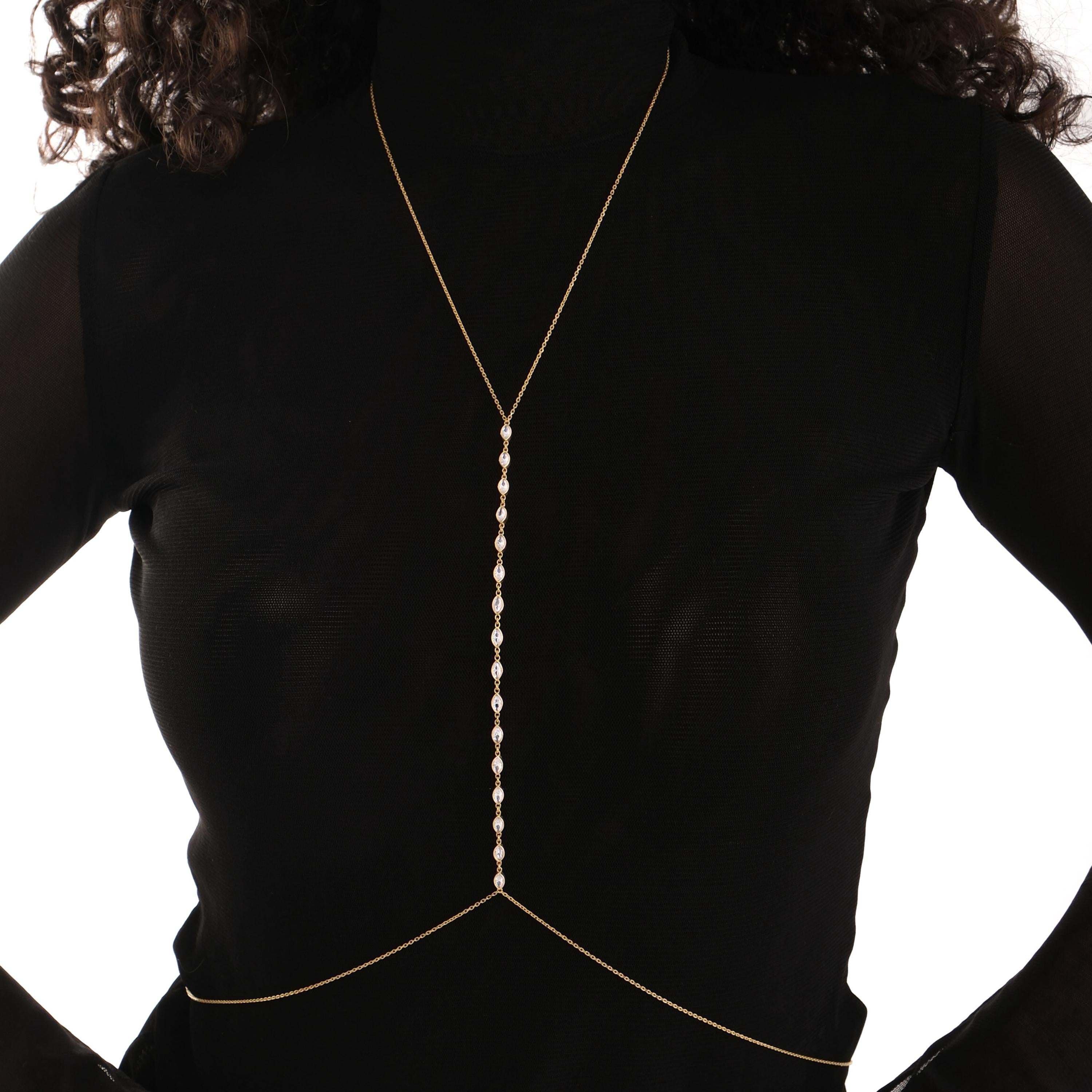 The 18K Gold Vermeil Body Chain Jewelry is displayed clearly on the model, with sparkling stone accents along the front.
