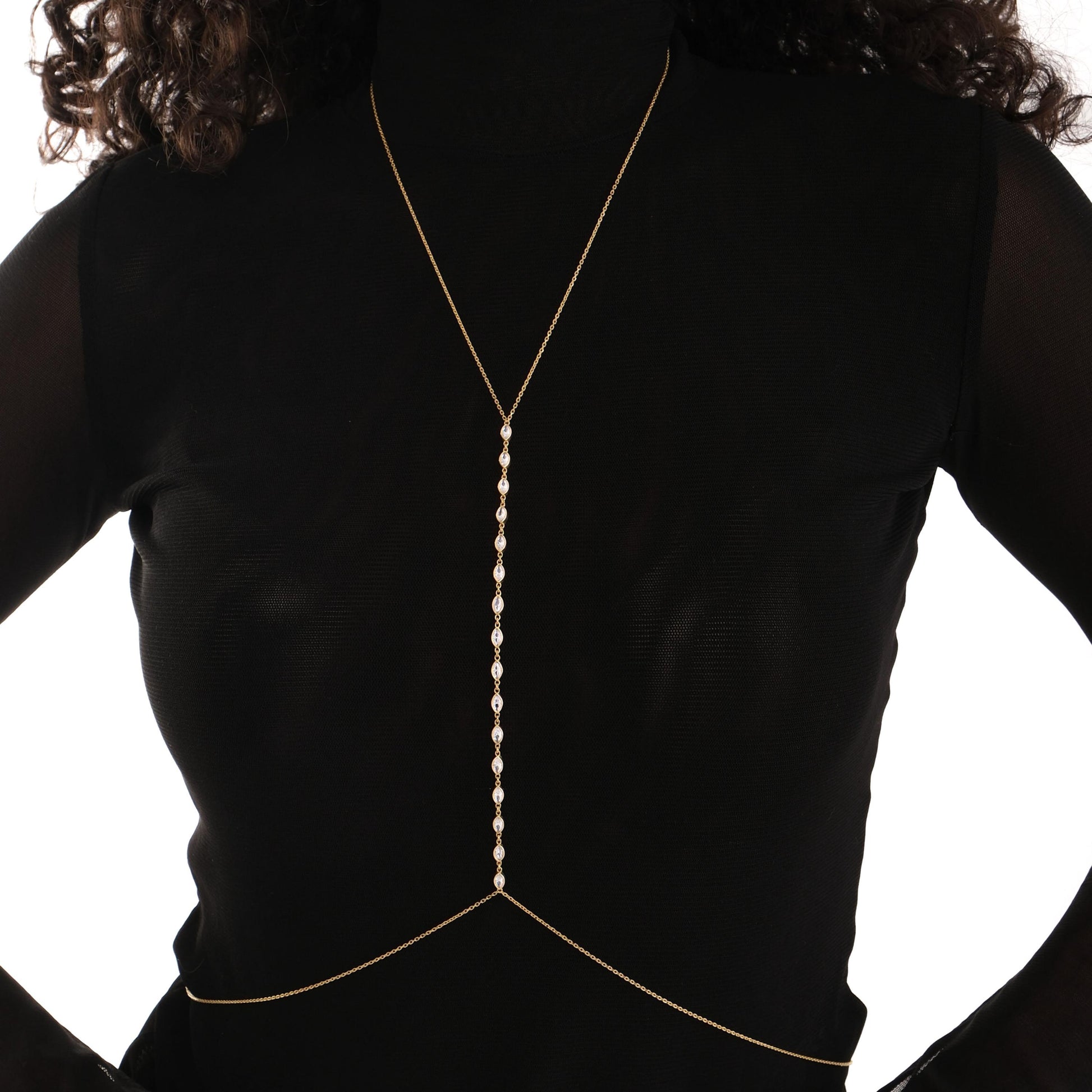 The 18K Gold Vermeil Body Chain Jewelry is displayed clearly on the model, with sparkling stone accents along the front.