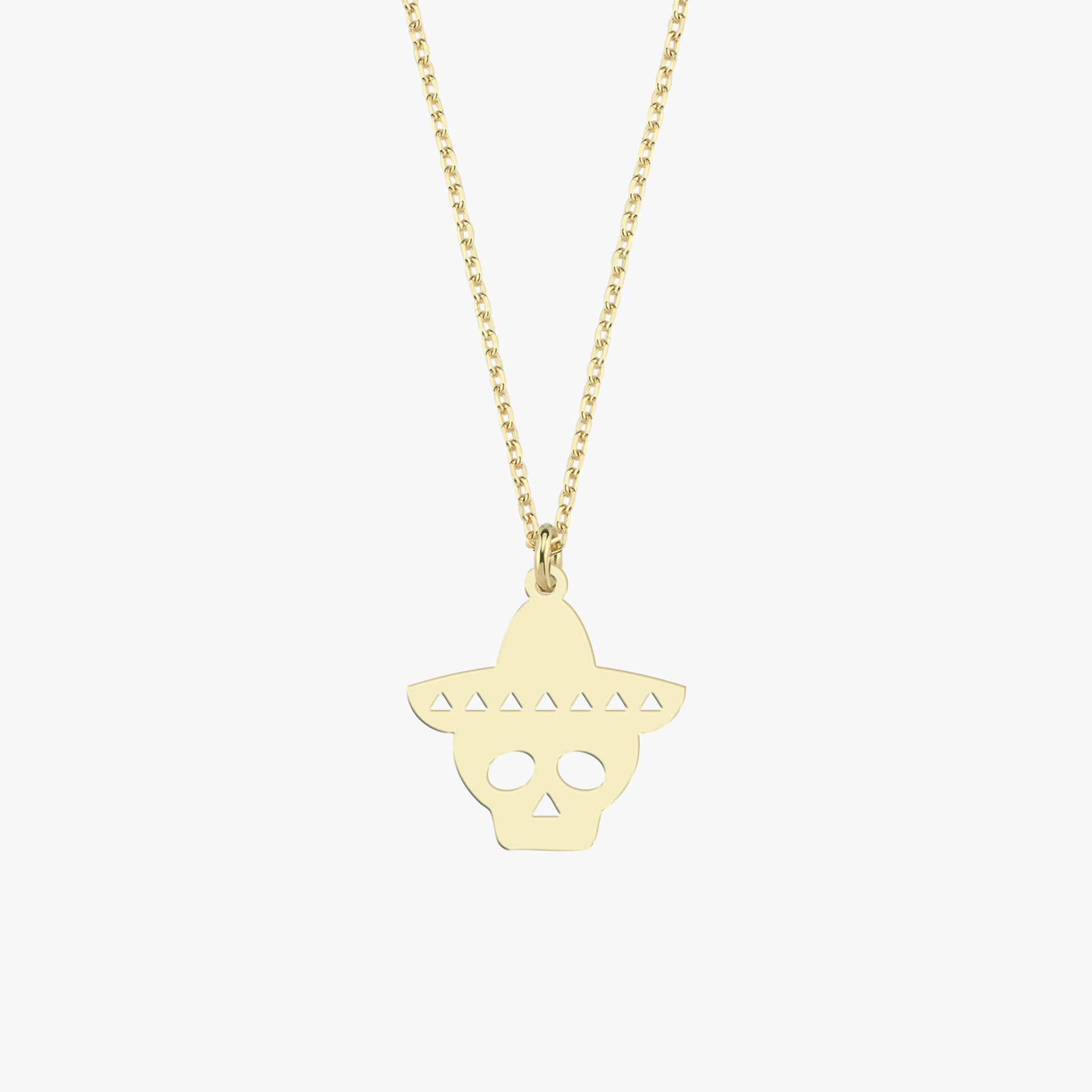 14K Solid Gold Sombrero Skull Necklace, Day of The Dead Necklace, Halloween Pendant Gift, Dia De Los Muertos