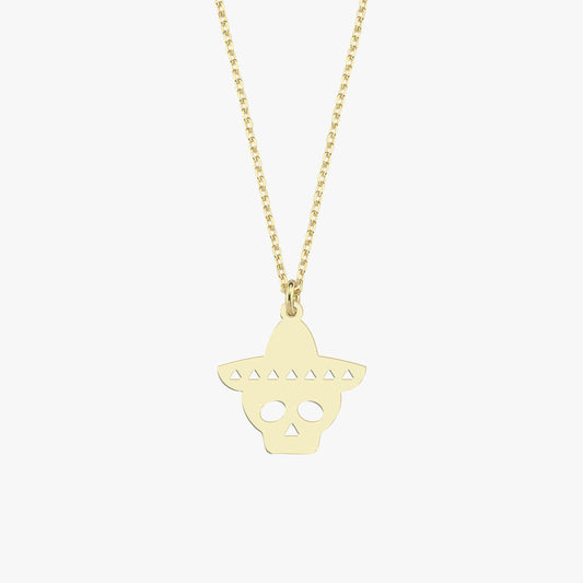 14K Solid Gold Sombrero Skull Necklace, Day of The Dead Necklace, Halloween Pendant Gift, Dia De Los Muertos