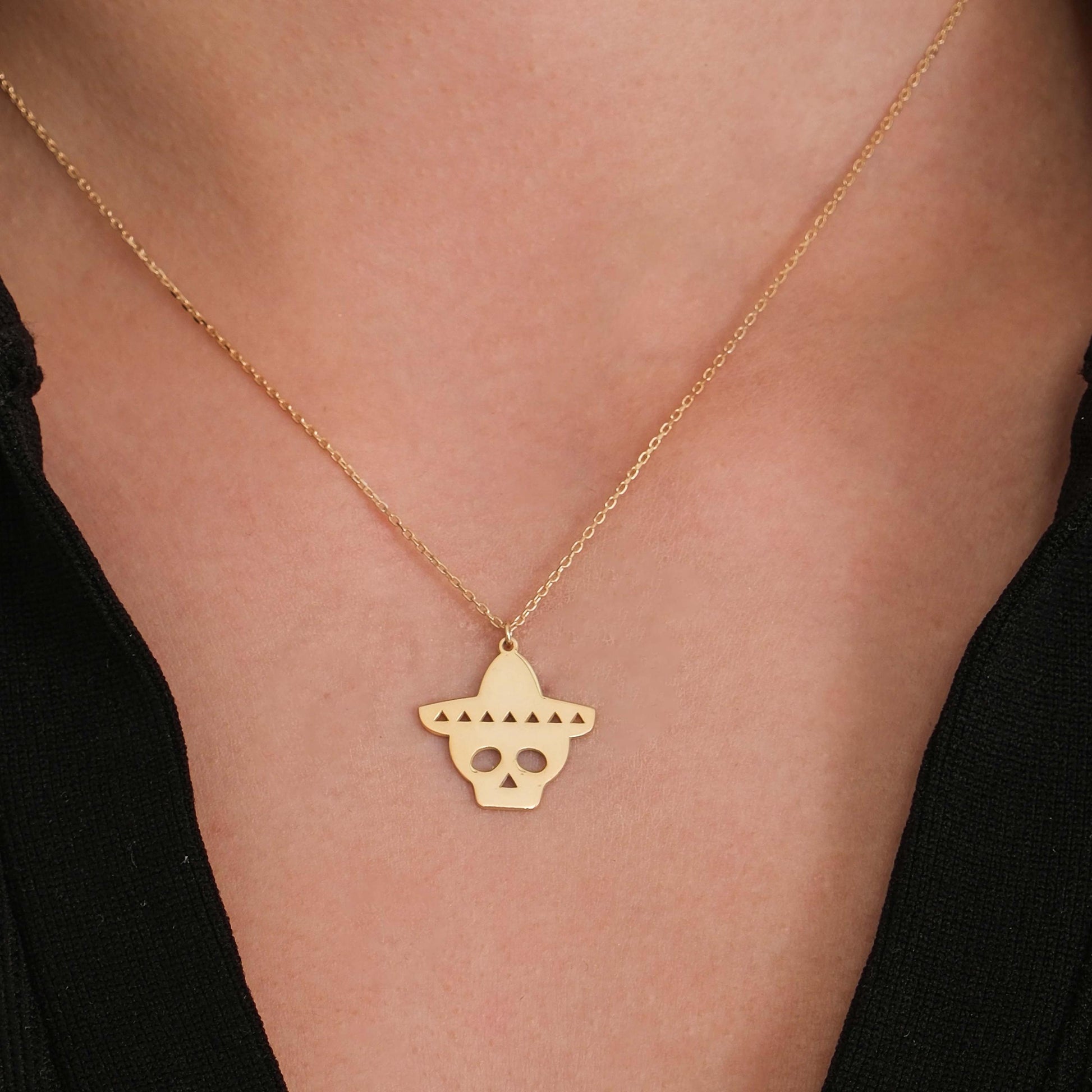 14K Solid Gold Sombrero Skull Necklace, Day of The Dead Necklace, Halloween Pendant Gift, Dia De Los Muertos
