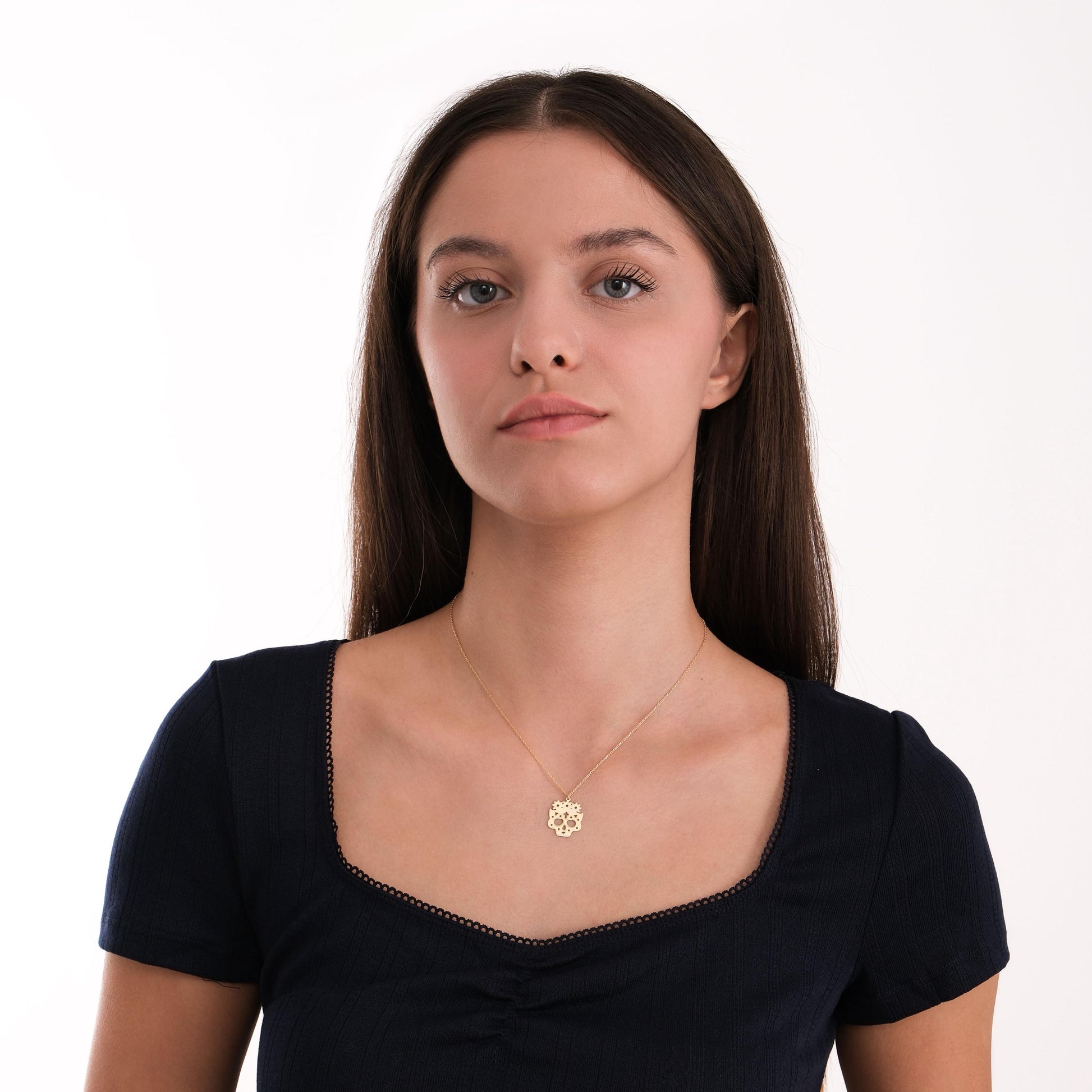 14K Solid Gold Sugar Skull Necklace, Day of the Dead Jewelry, Halloween Necklace, Dia De Los Muertos, Gothic Necklace, Halloween Gift