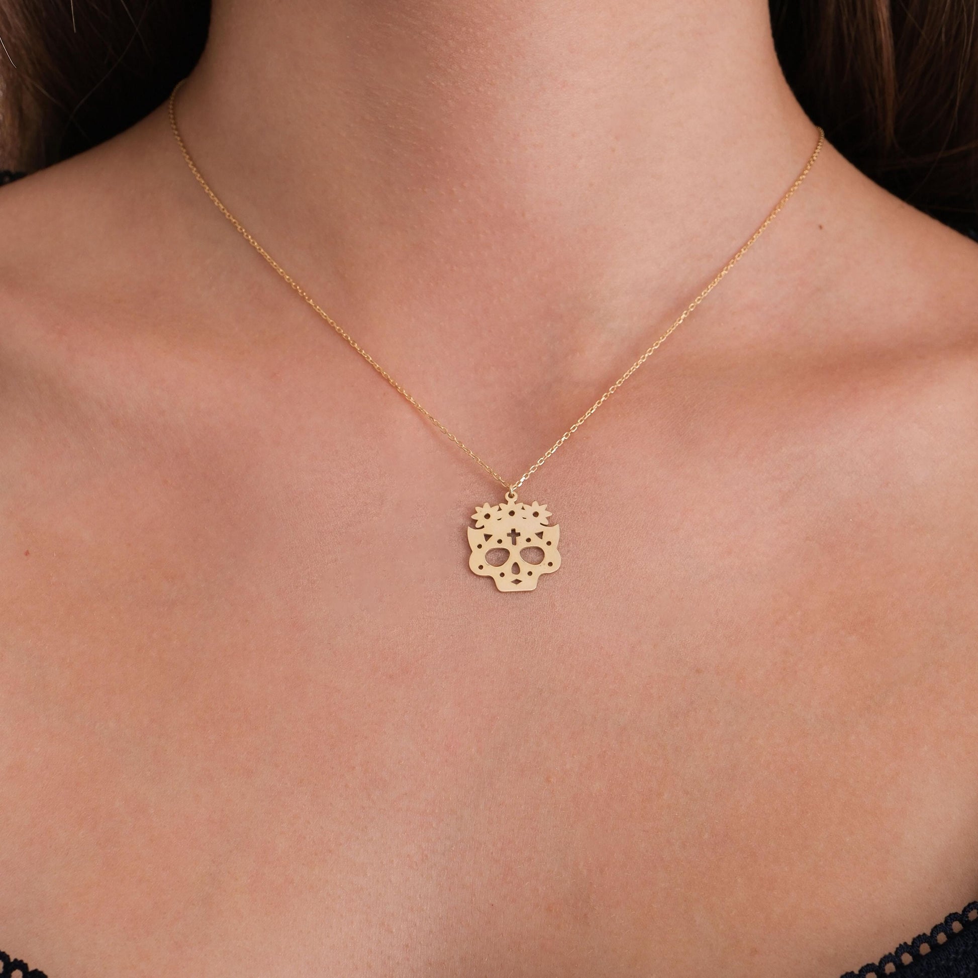 14K Solid Gold Sugar Skull Necklace, Day of the Dead Jewelry, Halloween Necklace, Dia De Los Muertos, Gothic Necklace, Halloween Gift