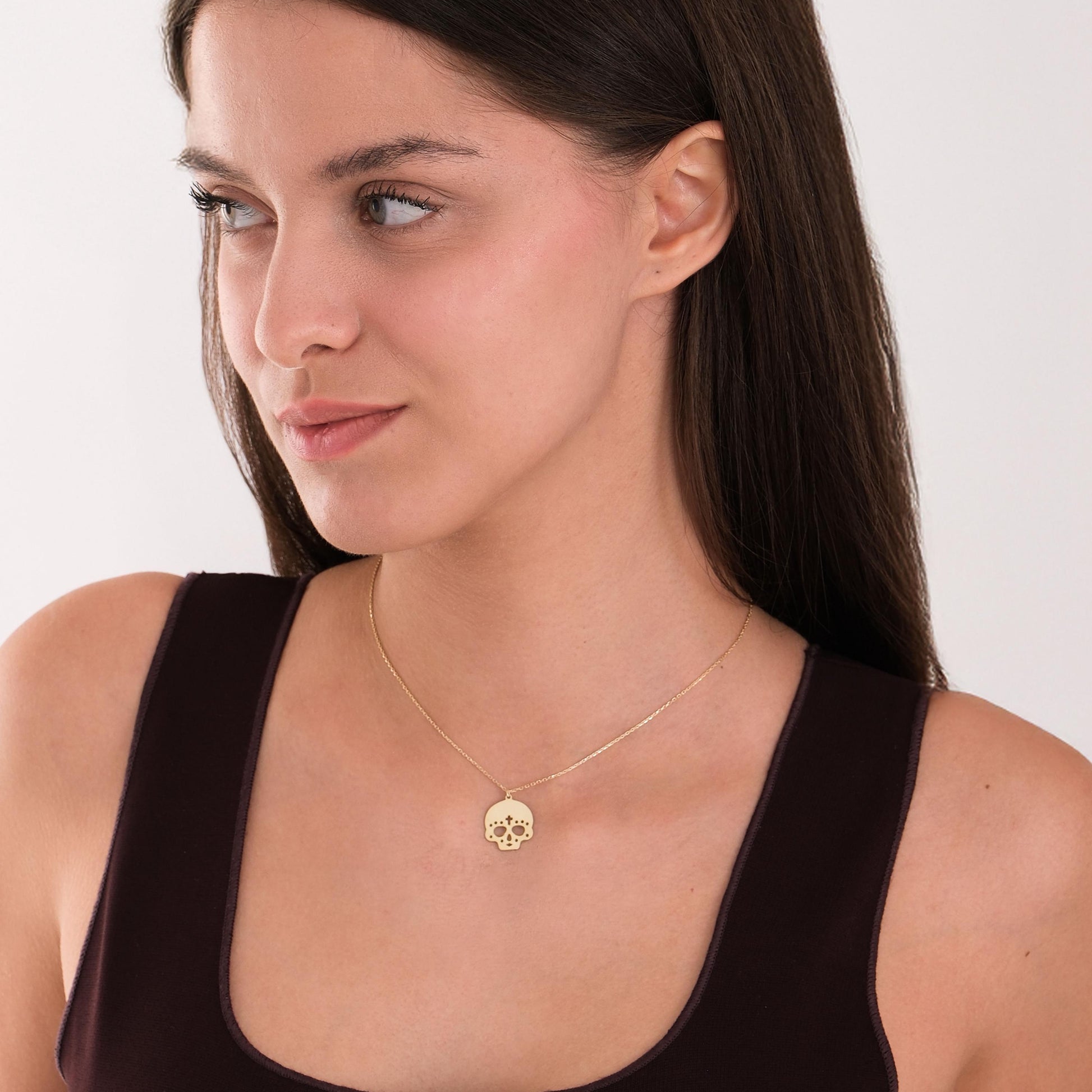 14K Solid Gold Cross Skull Necklace, Halloween Necklace, Gothic Skull Jewelry, Day of the Dead Necklace, Halloween Gift