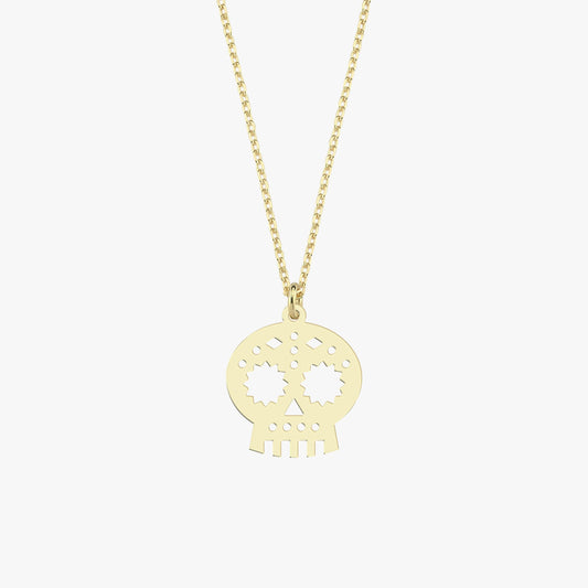 14K Solid Gold Mexican Skull Necklace, Day of the Dead Necklace,Halloween Skull Necklace, Gothic Necklace, Halloween Jewelry Gift